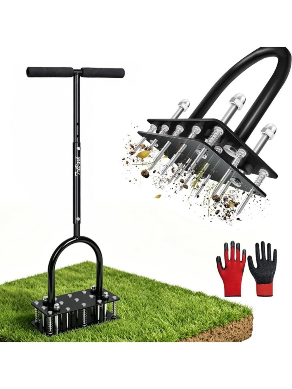 Heavy Duty Lawn Aerator Tool - Adjustable Height, 15 Iron Spikes, Easy Clean